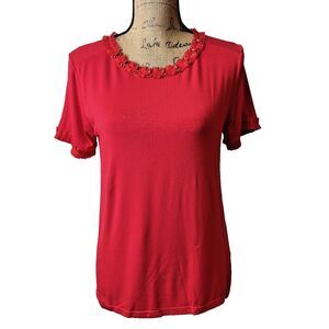 Leo & Ugo Paris Women's Red Studded Scoop Neck Short Sleeve Top T-Shirt Sz 6/8